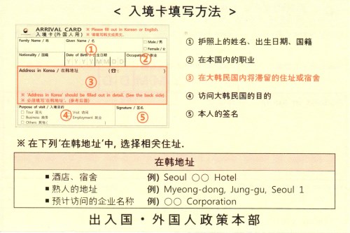 韓國入境卡反面