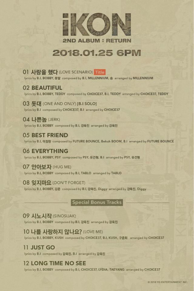 iKON 正規二輯《RETURN》曲目表