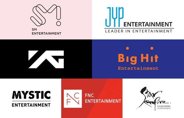 S.M. Entertainment、JYP Entretainment、YG Entertainment、Big Hit Entertainment、MYSTIC Entertainment、FNC Entertainment、Star Empire