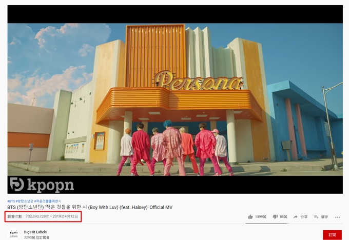 《Boy with Luv》觀看次數破7億