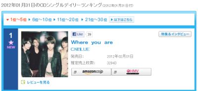 CNBLUE 日本公信榜 Oricon Where You Are 一位