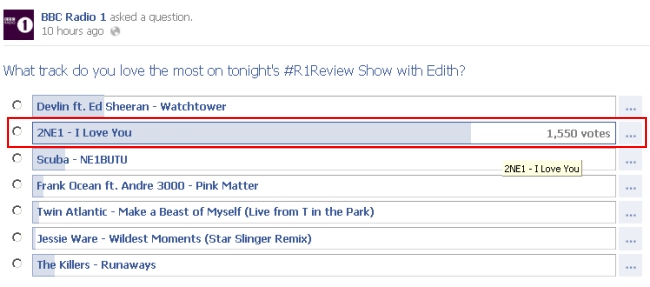 2NE1 I Love You on bbc radio 1 poll