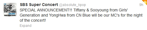 SBS Super Concert hosts announce on twitter SBS Super Concert hosts announce on twitter