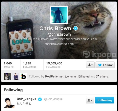 Chris Brown (克里斯小子) 關注 B.A.P 鐘業