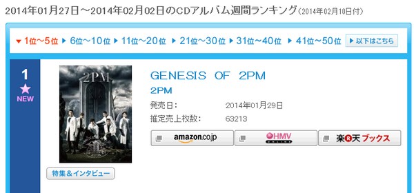 2PM Oricon 週間榜