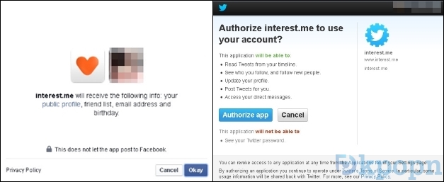 使用臉書與推特登入的授權畫面