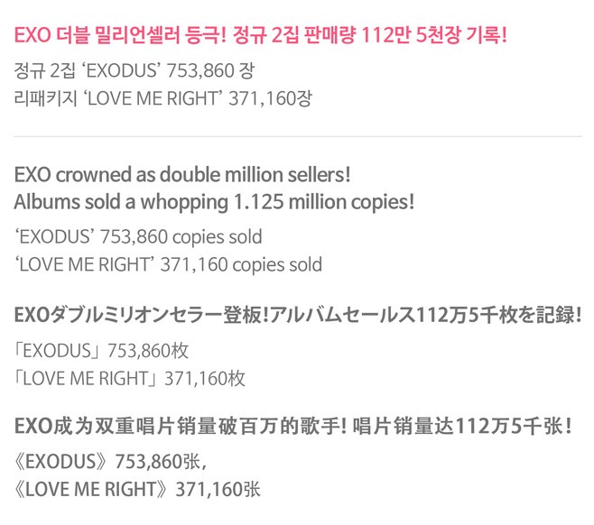 EXO 正規二輯+改版 賣破百萬張