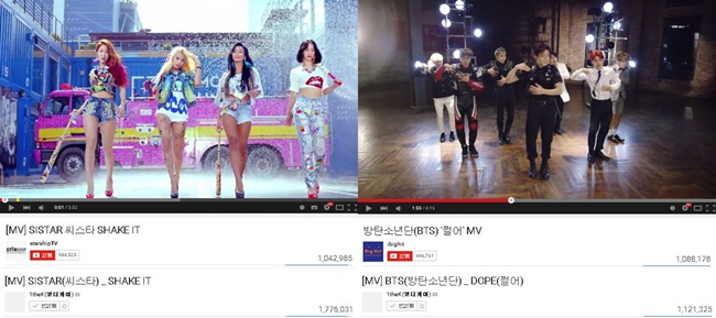 SISTAR、BTS 防彈少年團 MV 瀏覽破兩百萬 (官方+1theK)