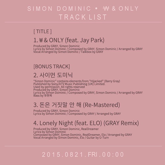 Simon D《₩ & ONLY》曲目表 Simon D《₩ & ONLY》曲目表