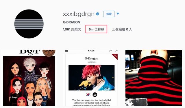 G-Dragon IG 粉絲人數破六百萬