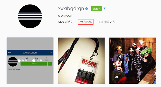 G-Dragon IG 粉絲人數突破7百萬