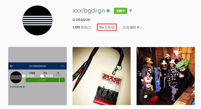 G-Dragon IG 粉絲人數突破7百萬 G-Dragon IG 粉絲人數突破7百萬