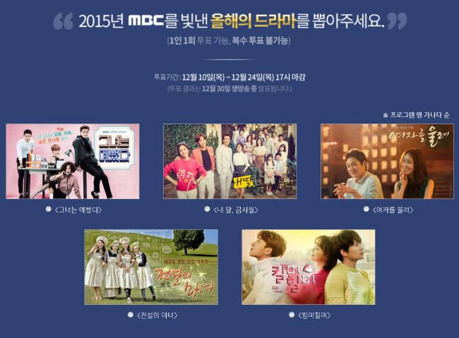 2015《MBC 演技大賞》年度戲劇入圍名單