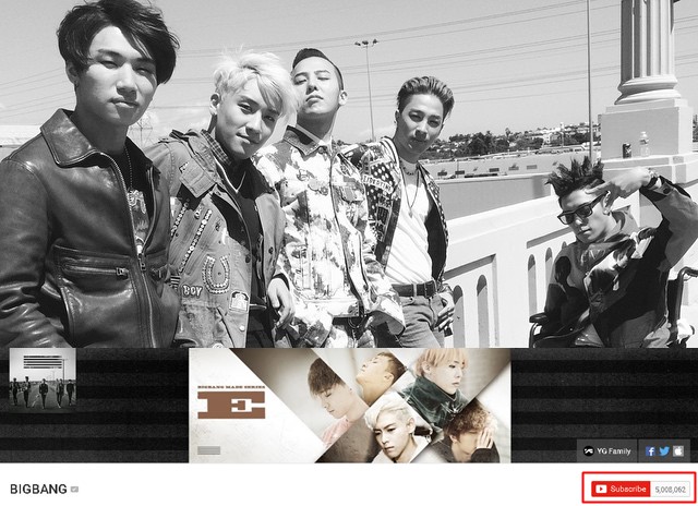 BIGBANG 的 YouTube 頻道破五百萬訂閱