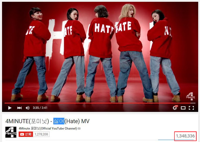 4Minute《Hate (싫어)》瀏覽人次破百萬