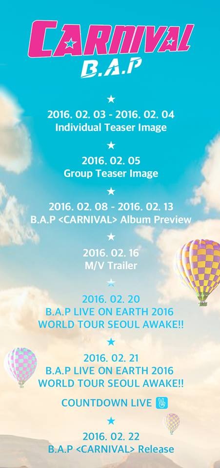 B.A.P 第五張迷你專輯《Carnival》回歸時程 B.A.P 第五張迷你專輯《Carnival》回歸時程