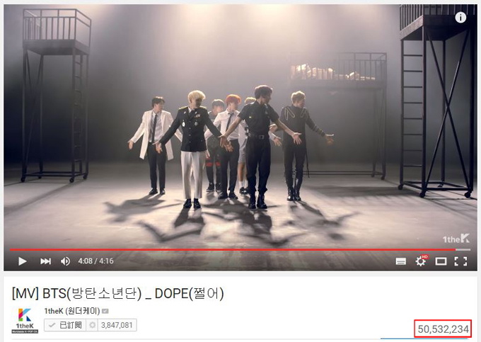 BTS 防彈少年團《DOPE》MV 觀覽人數突破5千萬