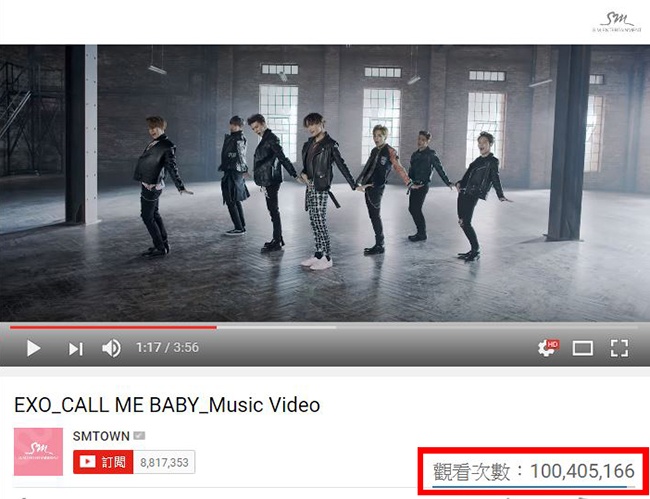 EXO《Call Me Baby》瀏覽人數破億(來源：影片截圖)