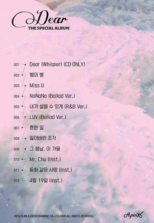 A Pink《Dear》曲目表(來源：A Pink@Facebook)