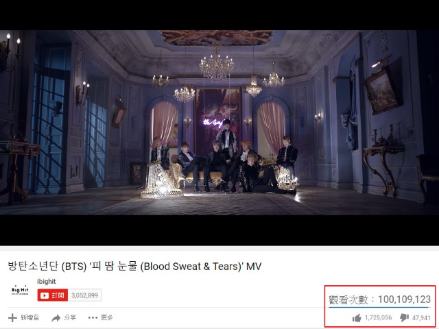 BTS 防彈少年團《Blood Sweat & Tears》MV 瀏覽次數破億 (來源：ibighit@YouTube 截圖)
