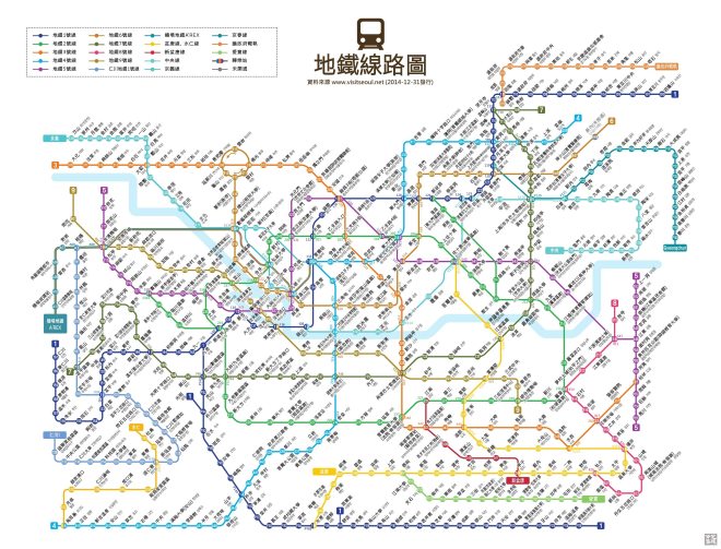地鐵路線圖 (來源：VisitSeoul)