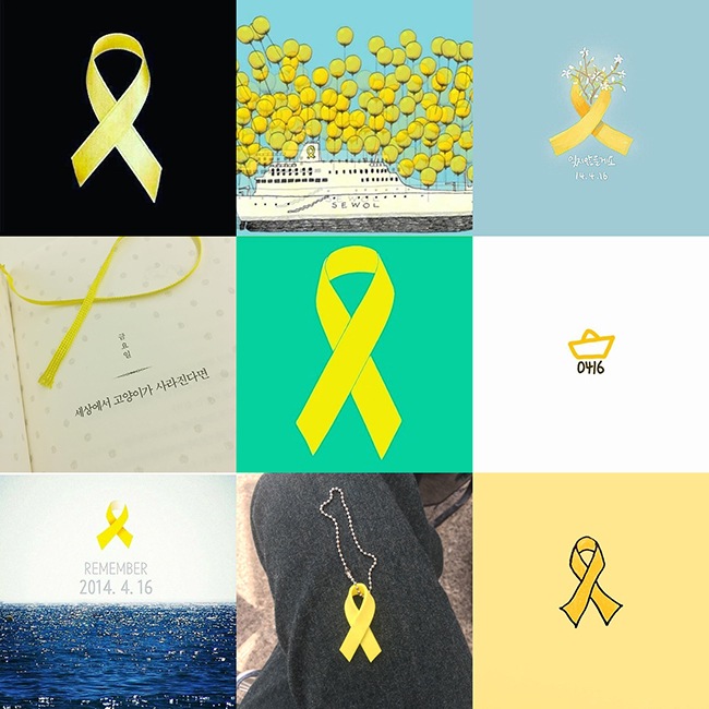 世越號黃絲帶(來源：Leo、枝恩、敏赫、ZICO、宋慧喬、Suzy、鄭雨盛、李光洙@Instagram、ASTRO@Twitter)