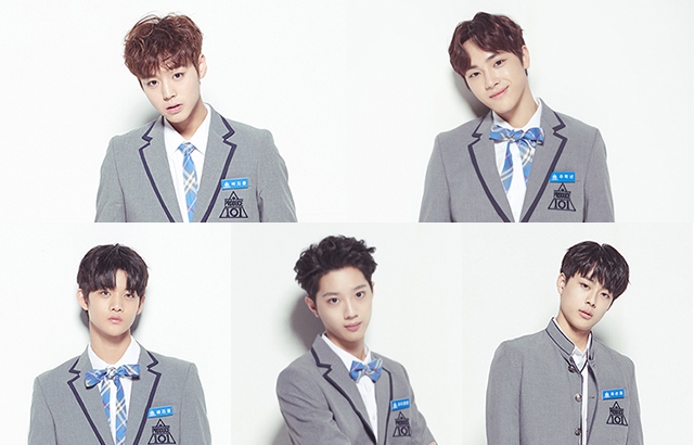 Park Ji Hoon、Joo Hak Nyeon、Bae Jin Young、賴冠霖、Yu Seon Ho(來源：《PRODUCE 101》官方網站)