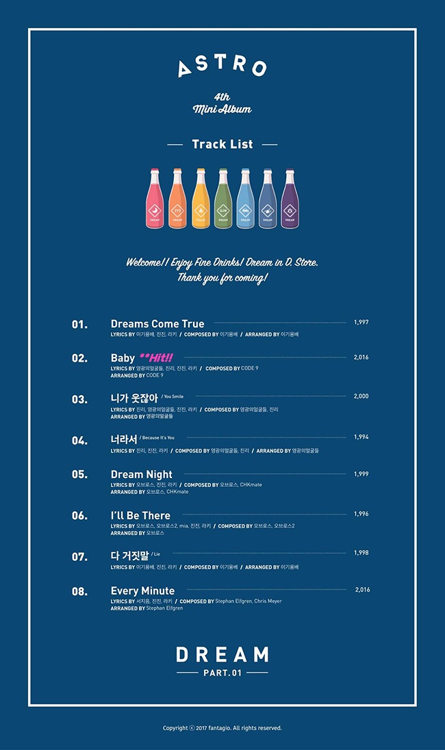 ASTRO《Dream Part.01》曲目表(來源:ASTRO @Facebook)