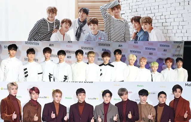 BTS,SEVENTEEN,EXO(來源：BTS@FB、日間體育、韓國經濟)