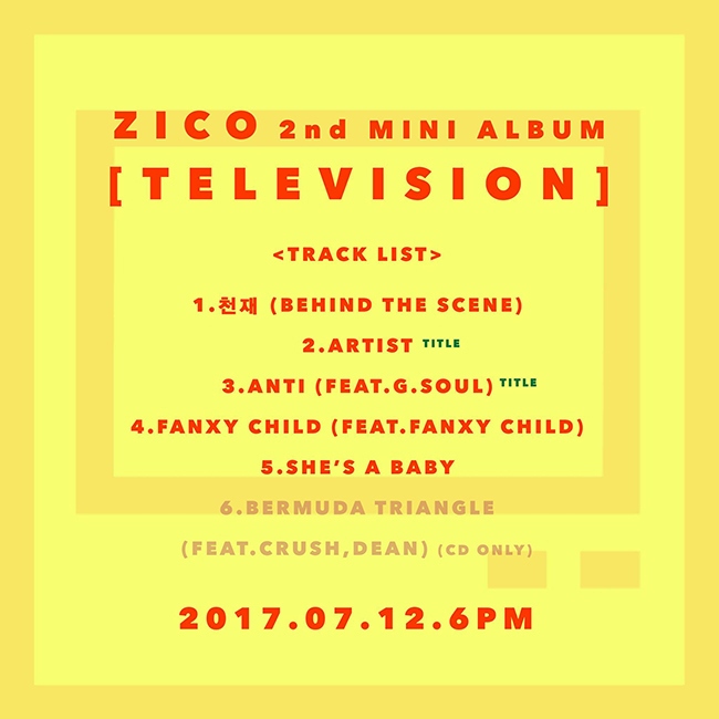 ZICO《Television》曲目表(來源：Block B@Facebook)