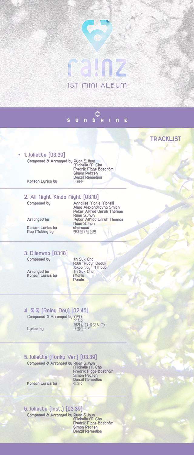 Rainz《SUNSHINE》曲目表